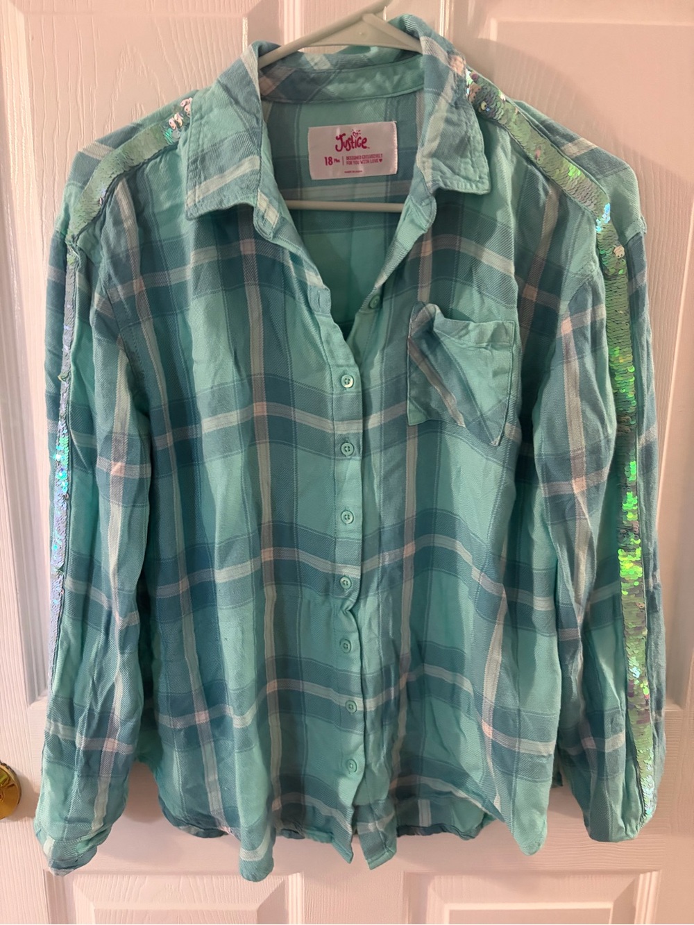Justice Teal Plaid Button-Down Shirt with Sequin Shoulder Trim